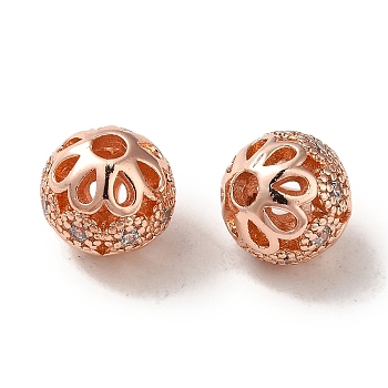 Rack Plating Brass Pave Cubic Zirconia Beads, Long-Lasting Plated, Cadmium Free & Lead Free, Round, Rose Gold, 8.5x8mm, Hole: 2mm
