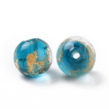 Handmade Gold Foil Glass Beads, Round, Medium Turquoise, 10x9~10mm, Hole: 1.6~2mm