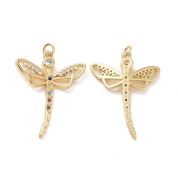 Brass Cubic Zirconia Charms, with Jump Ring, Dragonfly Charm, Real 18K Gold Plated, 33.5x25x3mm, Hole: 3.4mm