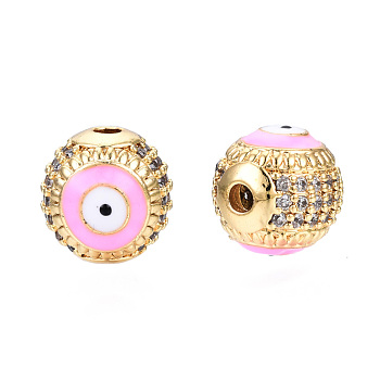 Brass Micro Pave Cubic Zirconia Beads, with Enamel, Real 18K Gold Plated, Round with Evil Eye, Nickel Free, Pearl Pink, 10mm, Hole: 2mm