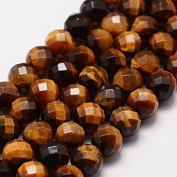 Natural Tiger Eye Beads Strands, Grade A, Faceted(64 Facets), Round Bead, 8mm, Hole: 1.2mm, 49pcs/strand, 15.7 inch
