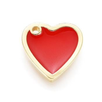 Brass Enamel Charms, Heart, Golden, Red, 13x13x2mm, Hole: 1.2mm