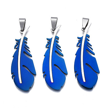 Ion Plating(IP) 201 Stainless Steel Pendants, Laser Cut, Feather, Blue, 49x17.5x1mm, Hole: 4x7.5mm