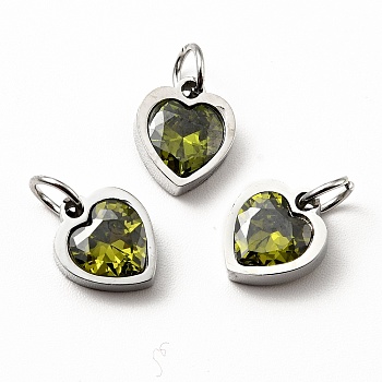 304 Stainless Steel Pendants, with Cubic Zirconia and Jump Rings, Single Stone Charms, Heart, Stainless Steel Color, Olive Drab, 9x8x3mm, Hole: 3.6mm