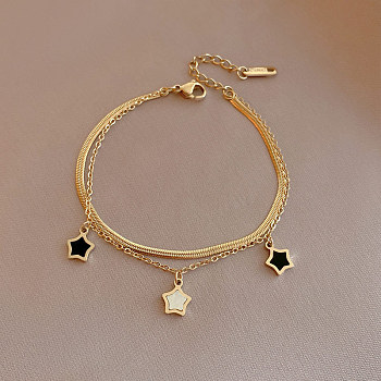 Natural Shell Star Stainless Steel Double-strand Charm Bracelets, Snake & Cable Chain Bracelets for Women, Golden, 170mm