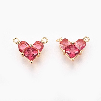 Brass Cubic Zirconia Charms, Real 18K Gold Plated, Heart, Hot Pink, 9.5x12x4.5mm, Hole: 1mm