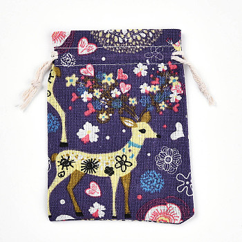 Flower Deer Printed Polycotton(Polyester Cotton) Packing Pouches Drawstring Bags, Rectangle, Indigo, 14x10cm