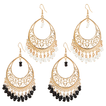 ANATTASOUL 2 Pairs 2 Colors Glass Seed Beaded Teardrop Chandelier Earrings, Golden Alloy Jewelry for Women, Black and White, 90mm, Pin: 0.7mm, 1 Pair/color
