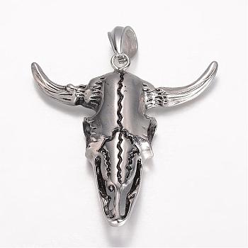 304 Stainless Steel Big Pendants, Ox Head, Antique Silver, 60.5x60x15mm, Hole: 12x8mm