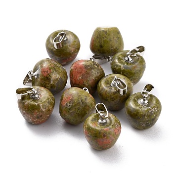 Natural Unakite Pendants, with Platinum Brass Loops, Apple, 14~15x14x14mm, Hole: 6x3mm