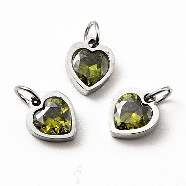 Stainless Steel Color Olive Drab Heart Stainless Steel+Cubic Zirconia Charms