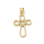 Brass Micro Pave Clear Cubic Zirconia Pendants, Cross with Heart Charms, Real 18K Gold Plated, 26x17.5x2mm, Hole: 4x3.5mm(KK-B176-01G-03)