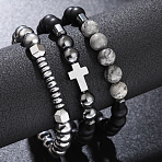 3Pcs Synthetic Non-magnetic Hematite & Natural Picture Jasper & Map Stone Beaded Stretch Bracelets Set for Men, Cross & Round, 7.48 inch(19cm)(WG2E47F-01)