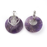 Natural Amethyst Pendants, with Platinum Tone Brass Findings, Flat Round with Hamsa Hand/Hand of Fatima/Hand of Miriam, 32~32.5x28x7~7.5mm, Hole: 5x8mm(KK-F751-K-A11)