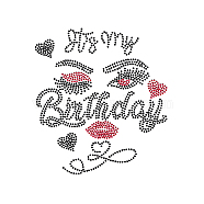 Glass Hotfix Rhinestone, Iron on Appliques, Costume Accessories, for Clothes, Bags, Pants, Word It's My Birthday, Human, 297x210mm(DIY-WH0303-173)