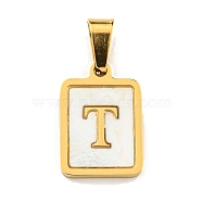 PVD Vacuum Plating 304 Stainless Steel Pave Natural White Shell Pendants, Rectangle with Letter Charms, Golden, Letter T, 17.5x12x1.5mm, Hole: 6x3mm(STAS-S130-03G-T)