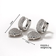 Elegant Copper Inlaid Zircon Heart Hoop Earrings, Fashionable and Versatile, Platinum, 26x12mm(MC3224-1)