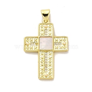 Brass Micro Pave Cubic Zirconia Pendants, with Shell, Real 18K Gold Plated, Cross, 29x20x3mm, Hole: 4x3mm(KK-K365-06B-G)