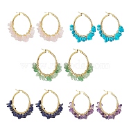 Gemstone Chips Beaded Hoop Earrings, Golden 304 Stainless Steel Wire Wrap Jewelry for Women, 46x42x2~7mm, Pin: 16x0.8~1mm(EJEW-JE05177)