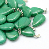 Teardrop Dyed Natural Malaysia Jade Pendants, with Platinum Tone Brass Findings, 25~29x16~17x5~6mm, Hole: 2x7mm(G-Q368-10)