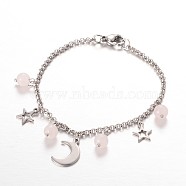 Moon & Star Stainless Steel Gemstone Charm Bracelets, with Lobster Claw Clasps, Rose Quartz, 7-1/4 inch(185mm)(X-BJEW-JB01935-01)