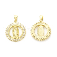 Rack Plating Brass Micro Pave Clear Cubic Zirconia Pendants, Cadmium Free & Lead Free, Long-Lasting Plated, Round Ring with Religion Virgin Mary Charm, Real 18K Gold Plated, 23.5x21x3mm, Hole: 4x3.5mm(KK-C011-38G)