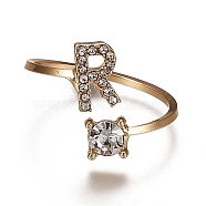 Alloy Cuff Rings, Open Rings, with Crystal Rhinestone, Golden, Letter.R, US Size 7 1/4(17.5mm)(RJEW-I075-01G-R)