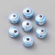 Handmade Porcelain Beads, Flat Round with Evil Eye Pattern, Sky Blue, 10mm, Hole: 2.5mm(PORC-TAC0005-03B)