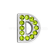 Glass Rhinestone Slide Charms, with Platinum Tone Alloy Finding, Mixed Color, Letter.D, 12mm, Hole: 8x2mm(PALLOY-TAC0018-02-D)