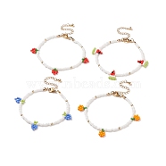 4Pcs 4 Style Glass Seed Braided Strawberry & Grape & Orange & Strawberry Charms Bracelet for Women, Mixed Color, 7-5/8 inch(19.5cm), 1Pc/style(BJEW-TA00140)