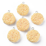 Resin Pendants, with Platinum Plated Iron Loop, Flat Round with Noodles, Light Yellow, 19~20x7.5mm(CRES-YWC0001-02)