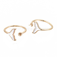 Brass Peg Bails Cuff Finger Ring Settings, for Half Drilled Bead, with Shell, Nickel Free, Mermaid Fishtail, Real 18K Gold Plated, US Size 6 3/4(17.1mm), Pin: 0.7mm(for Half Drilled Bead)(KK-S354-288-NF)