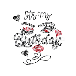 Glass Hotfix Rhinestone, Iron on Appliques, Costume Accessories, for Clothes, Bags, Pants, Word It's My Birthday, Human, 297x210mm(DIY-WH0303-173)