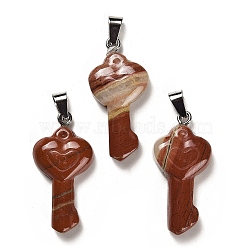Natural Red Jasper Pendants, with Platinum Plated Iron Snap on Bails, Heart Shaped Key Charms, 38~39x18~19x7~8mm, Hole: 7.5x3mm(G-M424-01P-02)