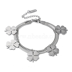 Non-Tarnish 304 Stainless SteelDouble-Layer Multi-strand Bracelet, Clover, Stainless Steel Color, 6-1/2 inch(16.5cm)(STAS-Z055-03P)