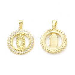 Rack Plating Brass Micro Pave Clear Cubic Zirconia Pendants, Cadmium Free & Lead Free, Long-Lasting Plated, Round Ring with Religion Virgin Mary Charm, Real 18K Gold Plated, 23.5x21x3mm, Hole: 4x3.5mm(KK-C011-38G)