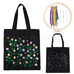 DIY Ethnic Style Embroidery Black Canvas Bags Kits, Including Plastic Imitation Bamboo Embroidery Hoop, Needle, Threads, Fabric, Flower Pattern, 640mm, Bag: 380x345x1.4mm(DIY-WH0401-42A)