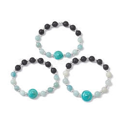 8mm Round Natural Lava Rock & Amazonite Beaded Stretch Bracelets, Summer Beach Dyed Natural Shiva Eye Shell Bracelets for Women Men, Turquoise, Inner Diameter: 2-3/8 inch(6cm)(BJEW-JB10501)