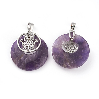 Natural Amethyst Pendants, with Platinum Tone Brass Findings, Flat Round with Hamsa Hand/Hand of Fatima/Hand of Miriam, 32~32.5x28x7~7.5mm, Hole: 5x8mm