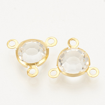 Glass Charms, with 304 Stainless Steel Finding, Flat Round, Faceted, Golden, Clear, 12x13x4mm, Hole: 1.5mm