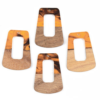 Resin & Walnut Wood Pendants, Trapezoid, Orange, 37.5x27x3mm, Hole: 2mm