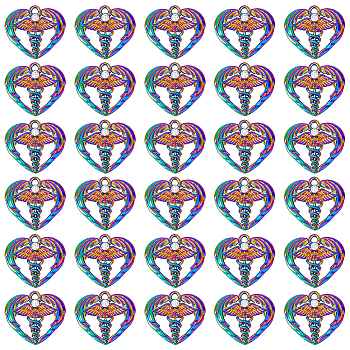 30Pcs Alloy Pendants, with Rhinestone, Heart with Caduceus Charm, Medical Sign Charm, Rainbow Color, 19.5x22x3mm, Hole: 1.8mm