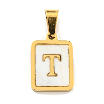 PVD Vacuum Plating 304 Stainless Steel Pave Natural White Shell Pendants, Rectangle with Letter Charms, Golden, Letter T, 17.5x12x1.5mm, Hole: 6x3mm