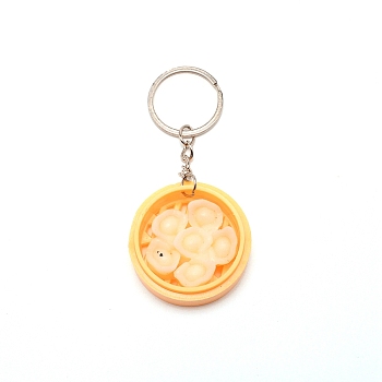 Plastic Keychain, with Platinum Iron Split Key Rings, Imitation Food, Bamboo Steamer with Ingot, Gold, 9.7~9.9cm