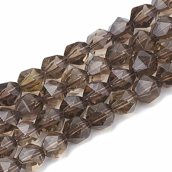 Natural Smoky Quartz Beads Strands, Star Cut Round Beads, Faceted, 6~7x5~6mm, Hole: 1mm, about 59~61pcs/strand, 14.2~14.6 inch