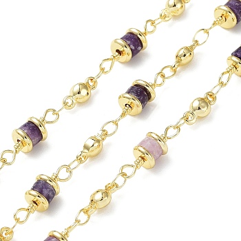 Natural Amethyst Column Link Chains, with Real 18K Gold Plated Brass Findings, Soldered, with Spool, 5x14x5mm