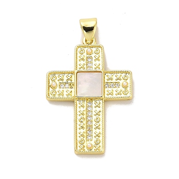 Brass Micro Pave Cubic Zirconia Pendants, with Shell, Real 18K Gold Plated, Cross, 29x20x3mm, Hole: 4x3mm
