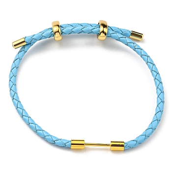 Brass Column Bar Link Bracelet with Leather Cords, Adjustable Bracelet for Women, Light Sky Blue, Inner Diameter: 5/8~3 inch(1.6~7.5cm)