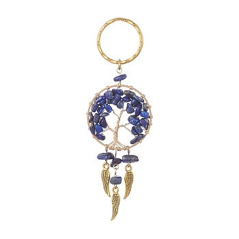 Woven Net/Web with Wing Pendant Keychain, with Natural Lapis Lazuli Chips and Iron Key Rings, Flat Round with Tree of Life, 10.9~11cm