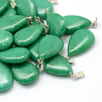 Teardrop Dyed Natural Malaysia Jade Pendants, with Platinum Tone Brass Findings, 25~29x16~17x5~6mm, Hole: 2x7mm
